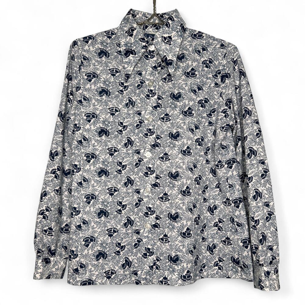 Vintage 70s Blue White Dart Collar Blouse Top Retro Secretary Womens Size Large
